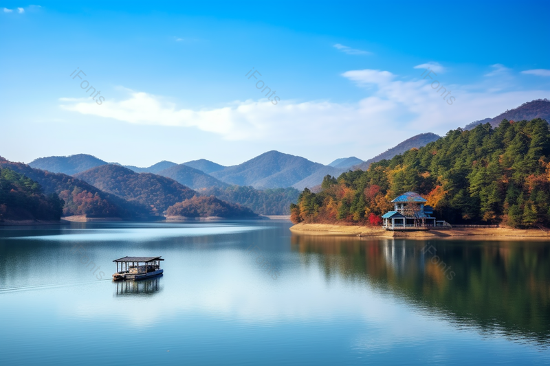 蓝天白云下远山近水小船悠悠自然景色景,高清,摄影图,摄影图片,图片大全,摄影图免费下载